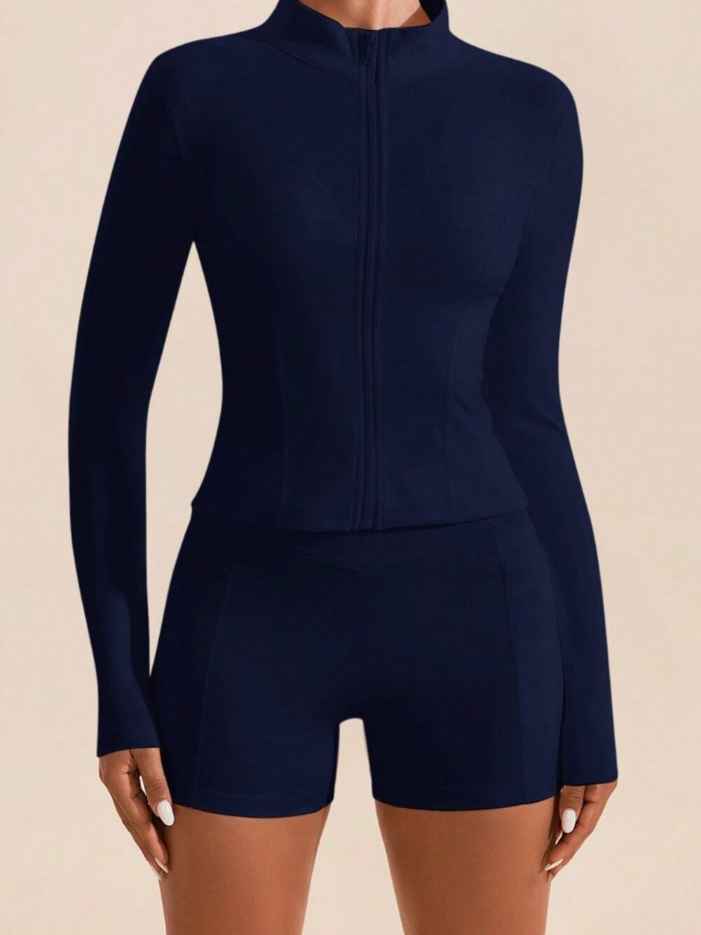 Navy Blue Casual Women's High Neck Long Sleeves Skinny Sports Sets
